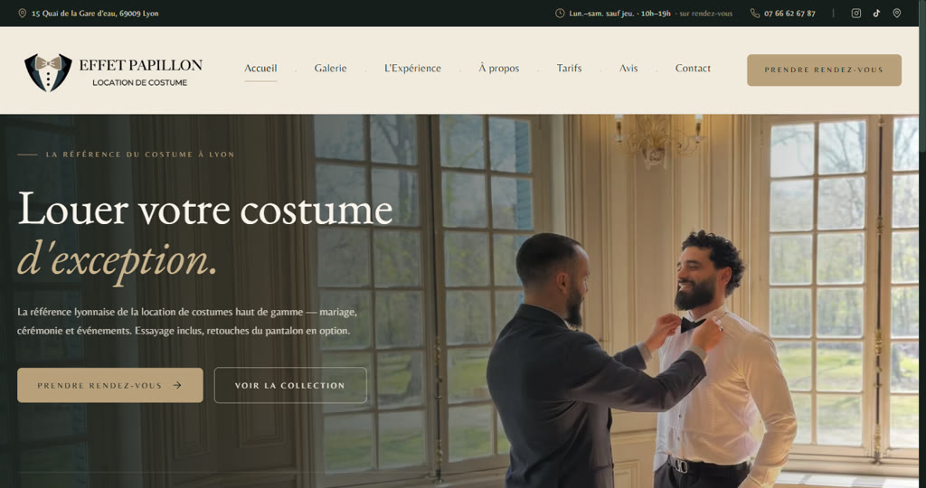 Site web d'Effet Papillon, location de costumes haut de gamme à Lyon